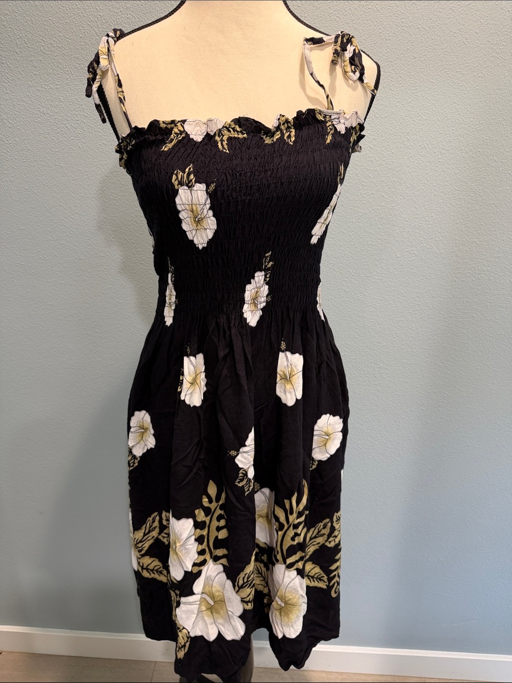Black Floral Smocked Swim Coverup Dress with Tie Straps